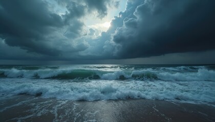 Dramatic photo storm ocean waves crashing against shore. Dark clouds on the horizon. Nature power, water element. Turbulent sea, scenic wild weather, modern contemporary view.