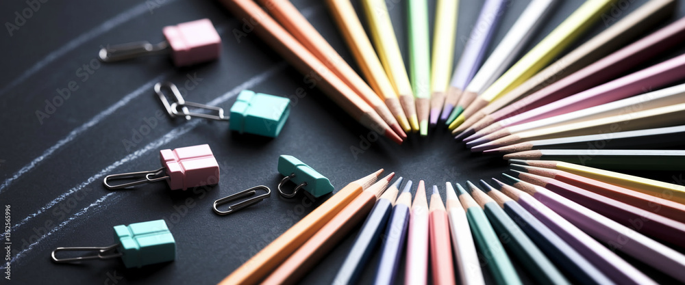 Poster colored pencils arranged in two semicircles on dark surface, creating a heart shape. small gift-shap