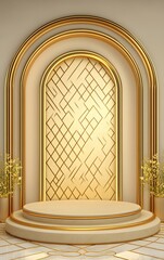 A luxurious golden 3D podium with a soft velvet texture, standing in an elegant art deco setting with warm golden lighting