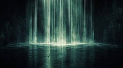 Light beams descend into a dark room illuminating the floor