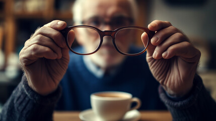 Elderly man adjusting glasses while enjoying coffee indoors in cozy setting