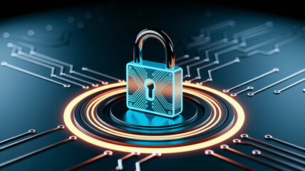 Glowing blue padlock on dark circuit board, showcased on a circular platform, symbolizes digital security and data protection