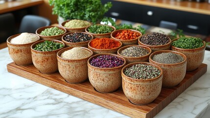 Fototapeta premium Aromatic Spice Collection: Diverse Culinary Herbs and Spices in Rustic Bowls