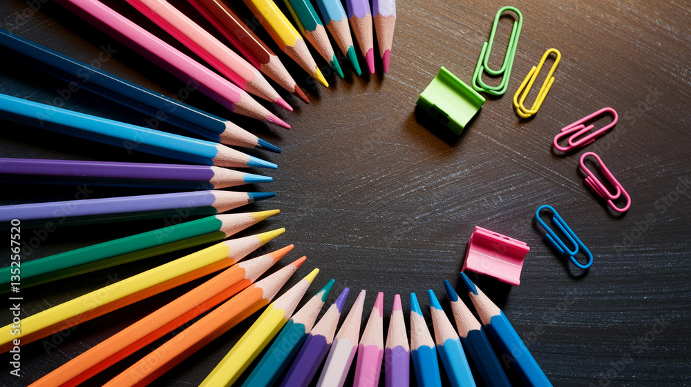 Poster colored pencils arranged in a semicircle on a dark surface, with colorful paperclips creating free s