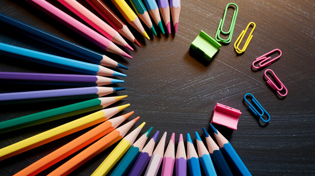 Colored pencils arranged in a semicircle on a dark surface, with colorful paperclips creating free space for text or logo, suggesting creativity and education