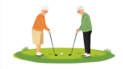 Fototapeta premium Elderly couple enjoys a friendly game of golf on a sunny day in the park