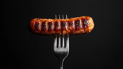 Close-up of a juicy grilled sausage with char marks on a fork, dark background for dramatic effect.