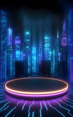 A futuristic 3D podium with glowing neon edges, set in a cyberpunk cityscape with vibrant blue and purple lights