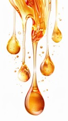 Golden oil drips and droplets, isolated on white background