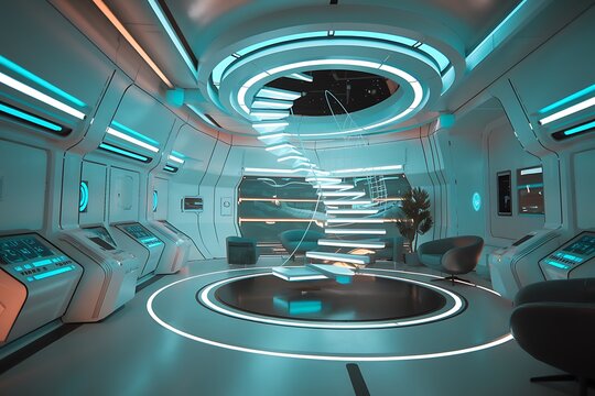 A futuristic spaceship lounge features a teallit circular staircase, modern seating, sleek consoles, and large windows offering a space view.