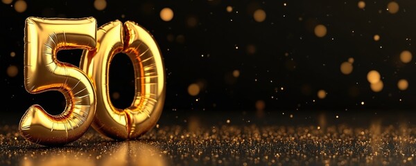 Golden metallic balloons number 50. Celebrate fiftieth birthday anniversary. Festive party decoration, greeting card design, holiday event. Shiny golden foil balloons, black background, copy space.