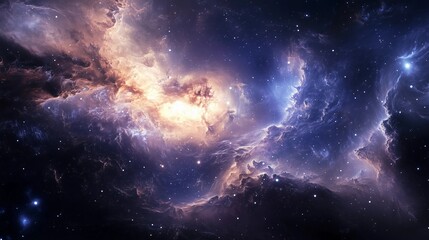 A beautiful, starry sky with a large cloud in the middle. The sky is filled with stars and the cloud is a mix of blue and white