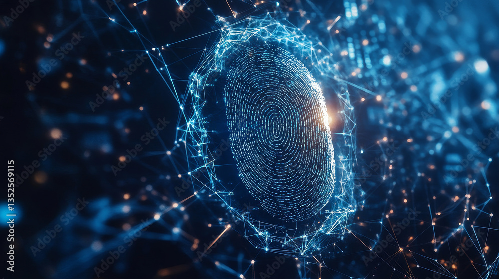 Poster fingerprint scanning concept to login in internet network connection. prominent fingerprint on the r