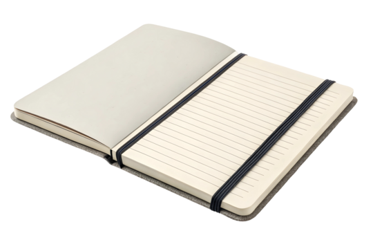 Open Notebook with Ruled Pages on Light Backdrop.
