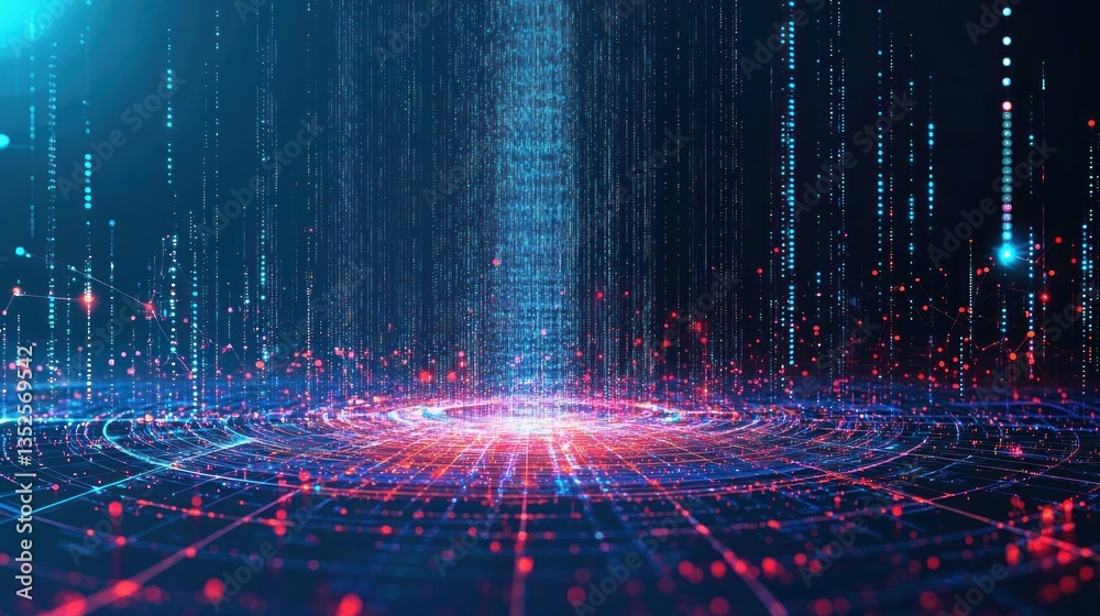 Wall mural digital data streams converge on circular platform, futuristic background