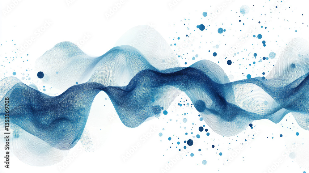 Poster abstract blue digital particles, lines and dots connection wave flow, digital data network connectio