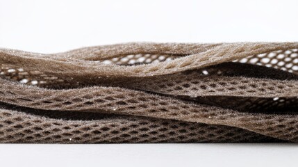 Close-up view of textured brown mesh fabric showcasing intricate patterns and folds