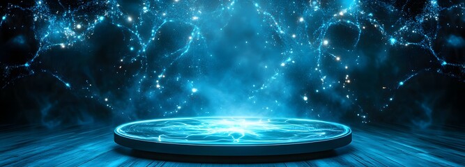 A floating energy-core-inspired podium, pulsating with vibrant electric blue light