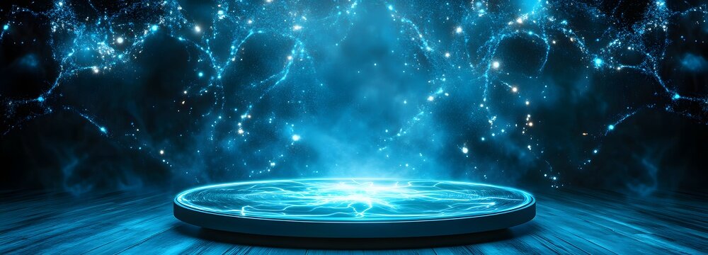 A floating energy-core-inspired podium, pulsating with vibrant electric blue light