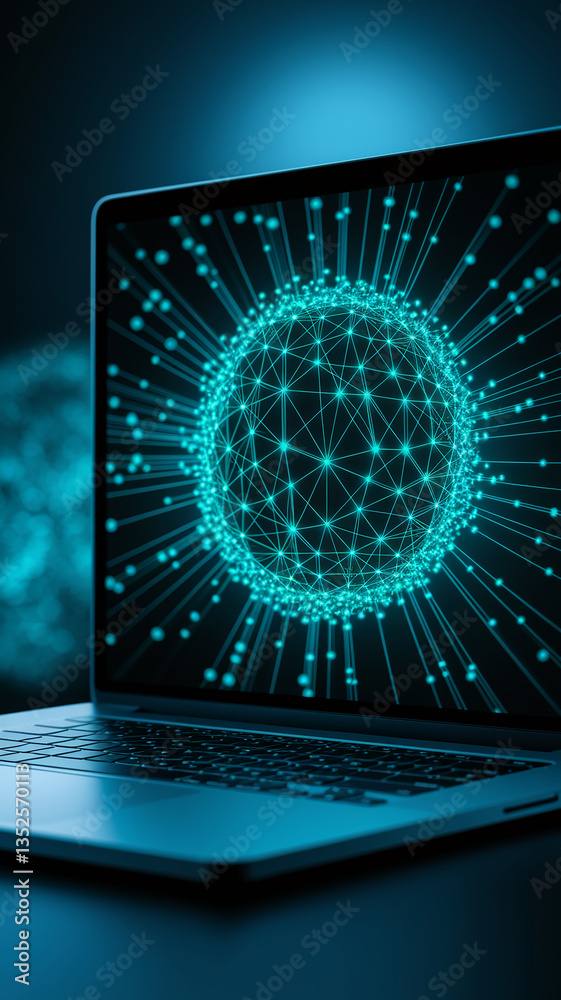 Poster Laptop screen displays glowing cyan sphere connected by lines, symbolizing global network, data connection, digital technology, innovation, and futuristic concepts