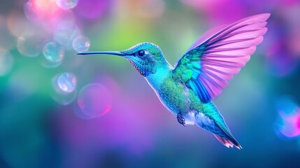 Fototapeta premium Hummingbird in flight nature close-up photography vibrant colors dynamic viewpoint