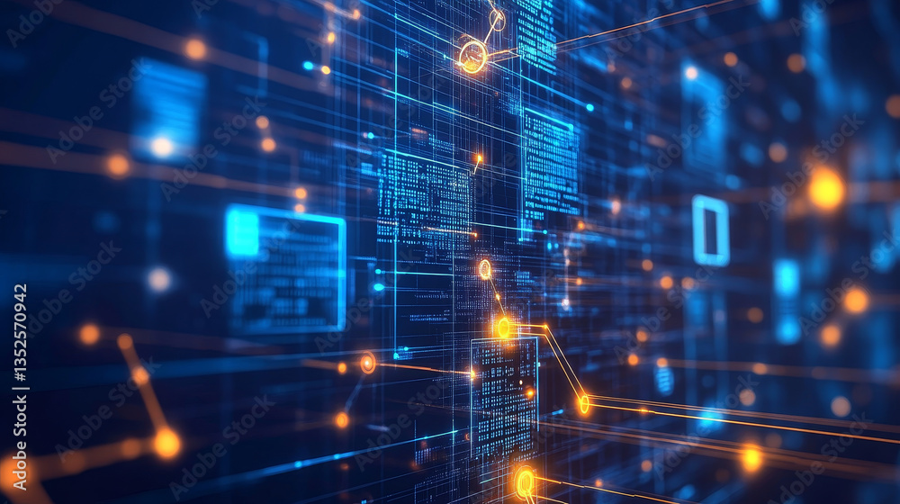 Poster futuristic technology of the digital data matrix, blockchain network connection, and data analysis, 