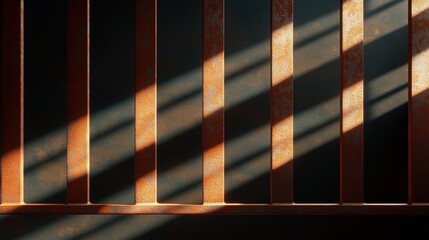 Light and shadows creating patterns on a textured wall with rusted bars.