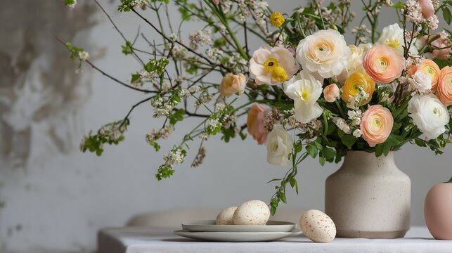 Table with a vase of flowers on it. the vase is white with a speckled pattern and is filled with a variety of colorful flowers in shades of pink, orange, and yellow.