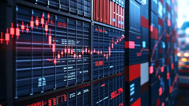 A digital stock market chart fluctuating wildly, overlaid with an image of stacked shipping containers, illustrating the economic impact of trade wars.