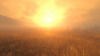 Fototapeta premium Serene Sunset Over Misty Field with Golden Grass and Horizon