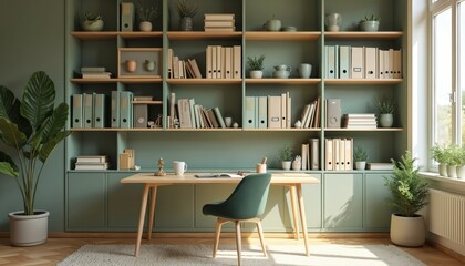 Stylish home office with desk, chair, shelves, full of documents. Books, folders, paper, computer, plants create modern, cozy work atmosphere. Interior design for business, work, study from home.