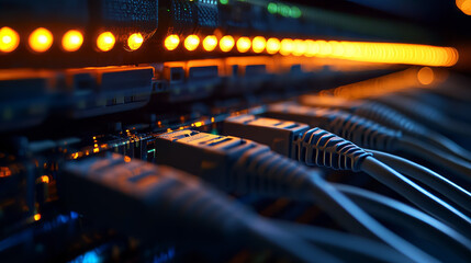 digital technology abstract concept and online cybersecurity data protection. Internet communication network connected polygon on dark blue background. front focus blur back. Big data.