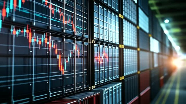 Stacks of shipping containers with tariffs and embargo signs stamped on them, representing trade restrictions and economic barriers.