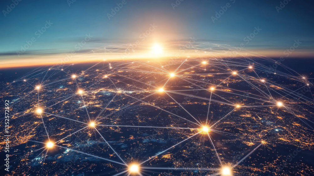 Poster digital cyberspace with particles and digital data network connections. high-speed connection data a