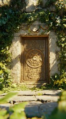 An ancient stone doorway surrounded by vibrant green vegetation appears