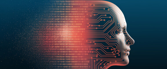 Profile view of a head, circuit board design overlaid, binary code streaming, suggesting artificial intelligence or digital consciousness, technology concept