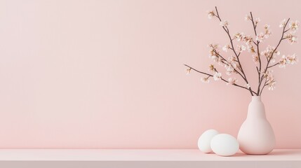 White vase with a branch of pink cherry blossom flowers in it on a pink background. the vase is placed on a white shelf with two white eggs next to it.