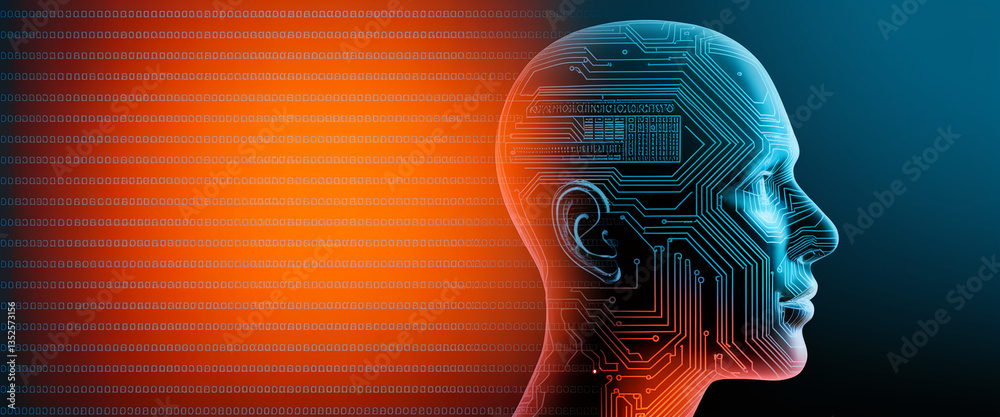 Poster profile view of a transparent head overlaid with circuit board pattern, set against a binary code ba