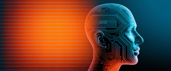 Profile view of a transparent head overlaid with circuit board pattern, set against a binary code background, symbolizing artificial intelligence or technological advancement