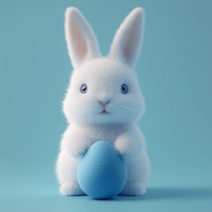 Obraz premium Cute fluffy rabbit holds a blue egg in its paws, celebrating Easter joyfully in a bright, cheerful atmosphere