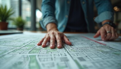 Close-up of urban planner reviewing city maps. Person analyzing blueprints in municipal planning office. Strategic planning, development project, collaborative effort, shaping future urban