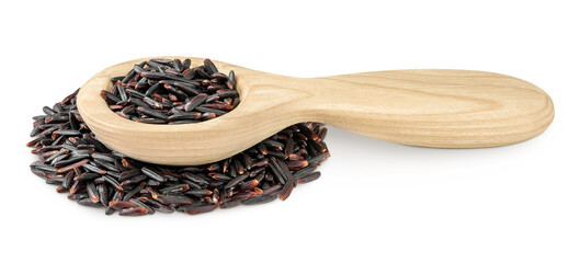 Black rice in wooden spoon isolated on white background with full depth of field