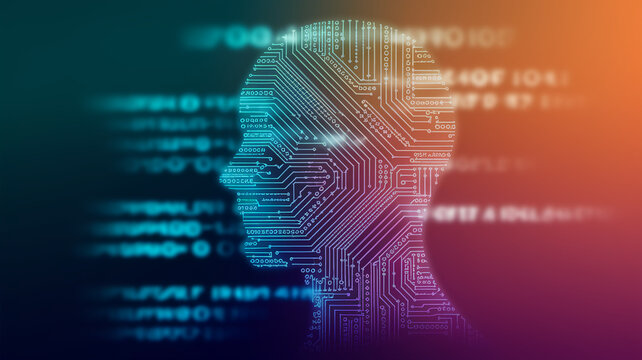 Abstract image of a human head formed by circuit board lines, set against a blurred background of code, symbolizing artificial intelligence or digital mind - Powered by Adobe