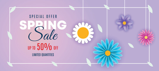 Spring special offer vector banner background with spring season sale text and flower.