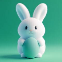 Obraz premium Cute white rabbit holding a pastel egg on a green background during Easter celebrations