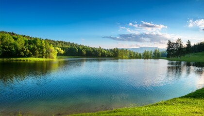 Fototapeta premium a beautiful lake with a green shoreline and a forest in the background