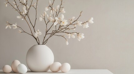 White vase with a branch of white flowers in it. the vase is placed on a white surface and there are six white eggs scattered around it. in the background, there is a plain beige wall.