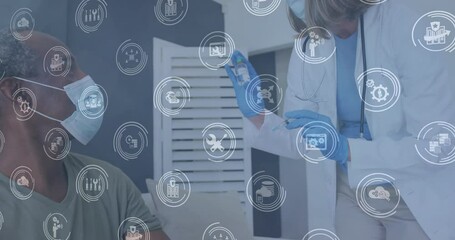 Administering vaccine, healthcare professional surrounded by animated medical icons