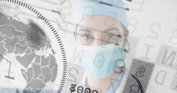 Healthcare professional wearing mask with data processing animation over world map
