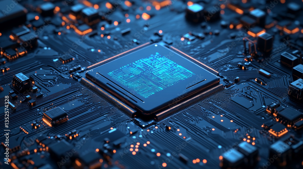 Poster ai chip on a futuristic, blue-light circuit board, represents advanced artificial intelligence and d